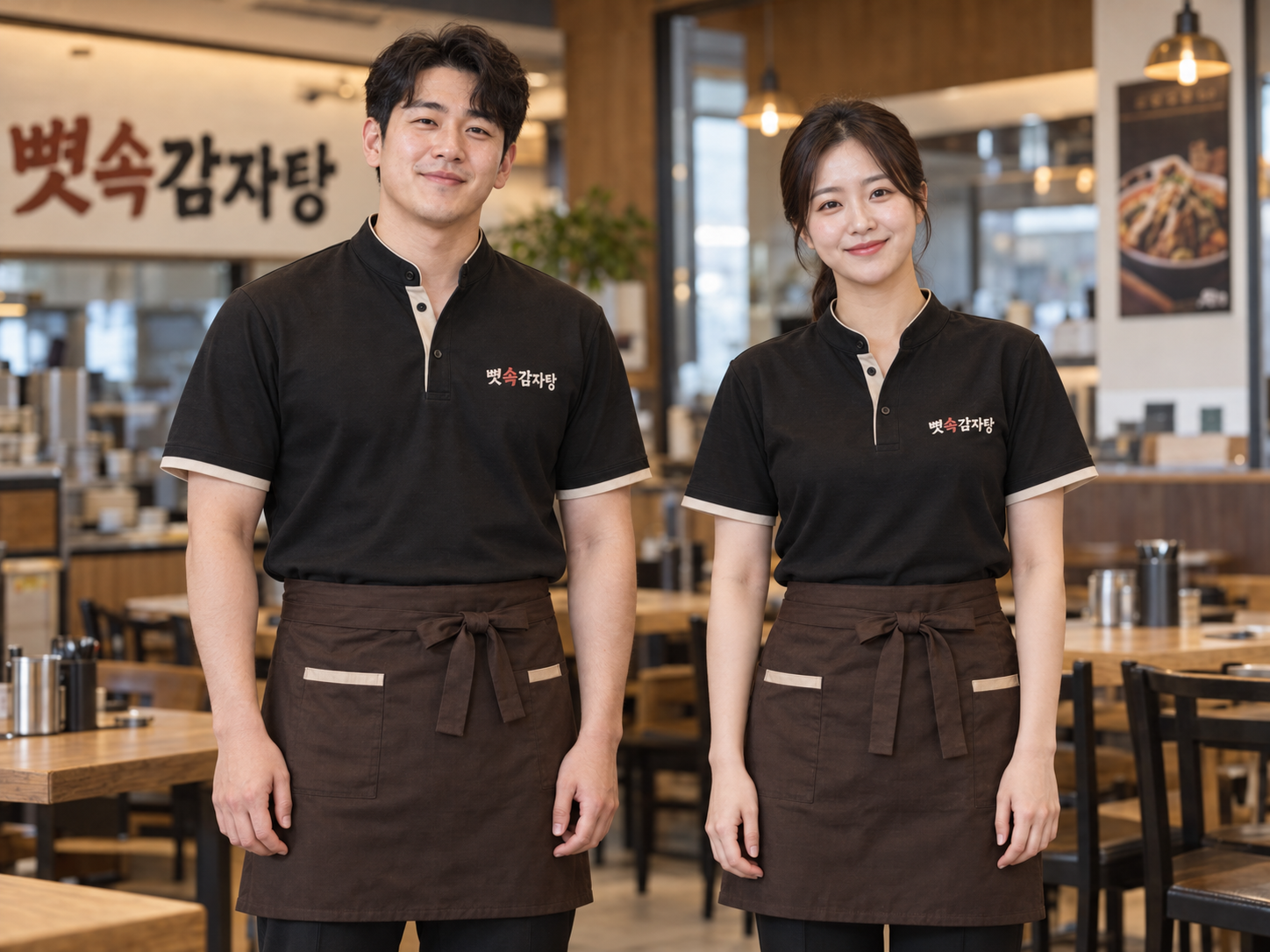 블랙 반팔 상의와 베이지 배색, 브라운 앞치마를 착용한 성인 남녀의 여름 유니폼 디자인 예시