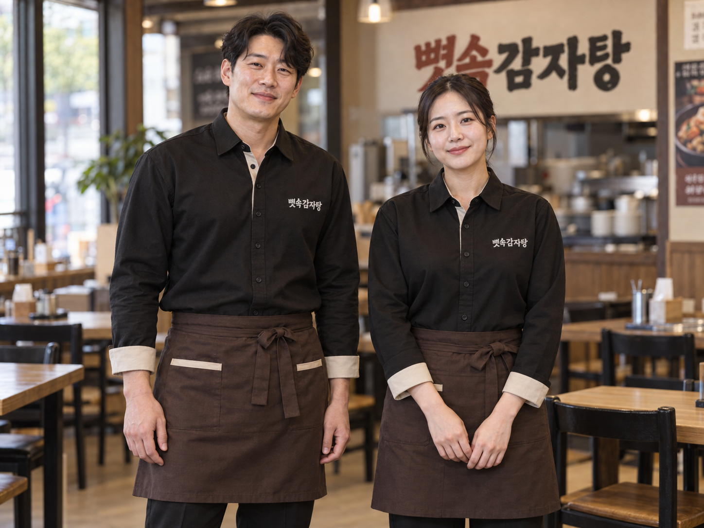 블랙 긴팔 셔츠와 베이지 소매 배색, 브라운 앞치마를 착용한 성인 남녀의 겨울 유니폼 디자인 예시